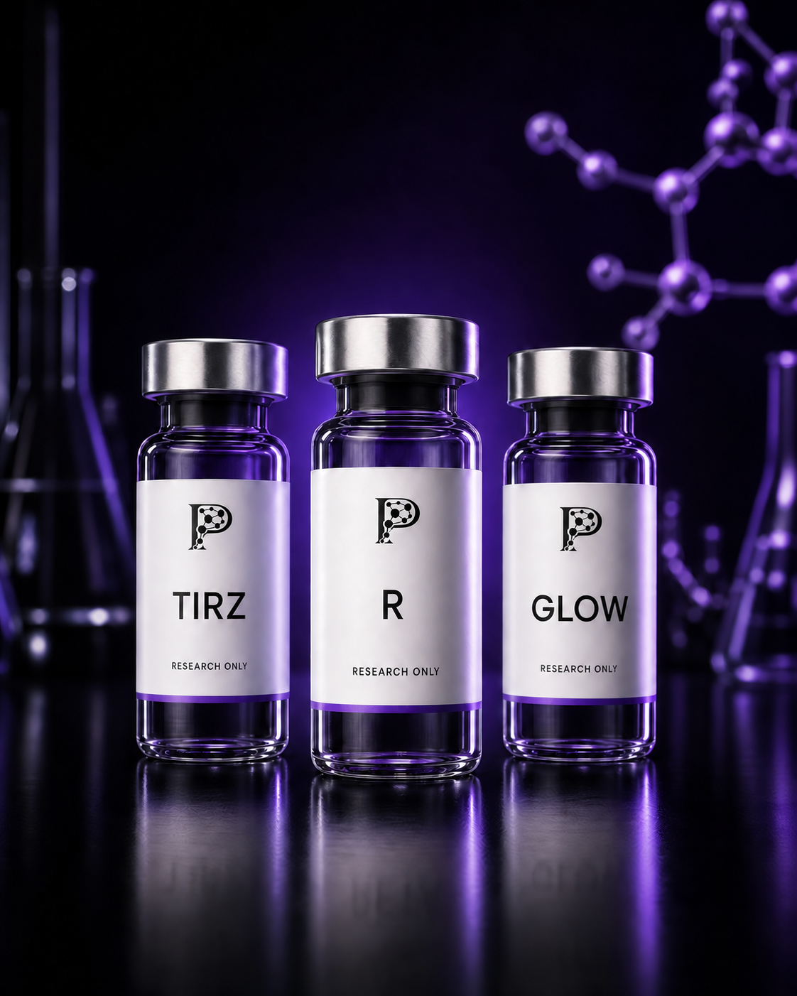Three P-Peptides research vials with molecular P branding, labelled TIRZ, R and GLOW