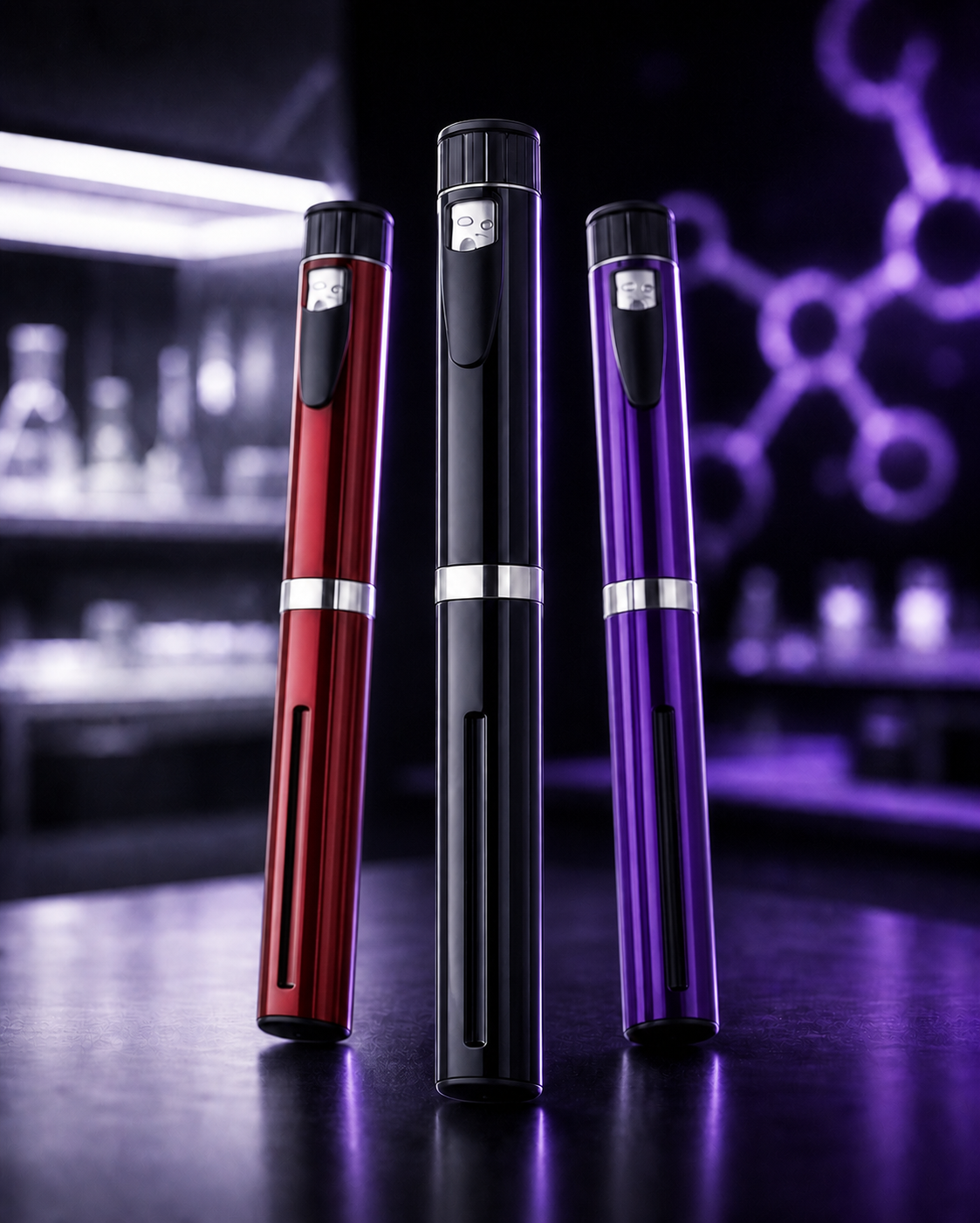 Red, black and purple bespoke research pens with dose windows and silver centre bands