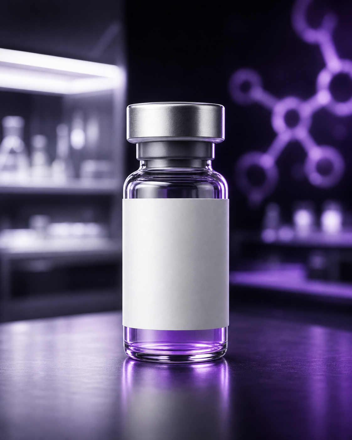 Premium P-Peptides research vial in a purple-lit laboratory